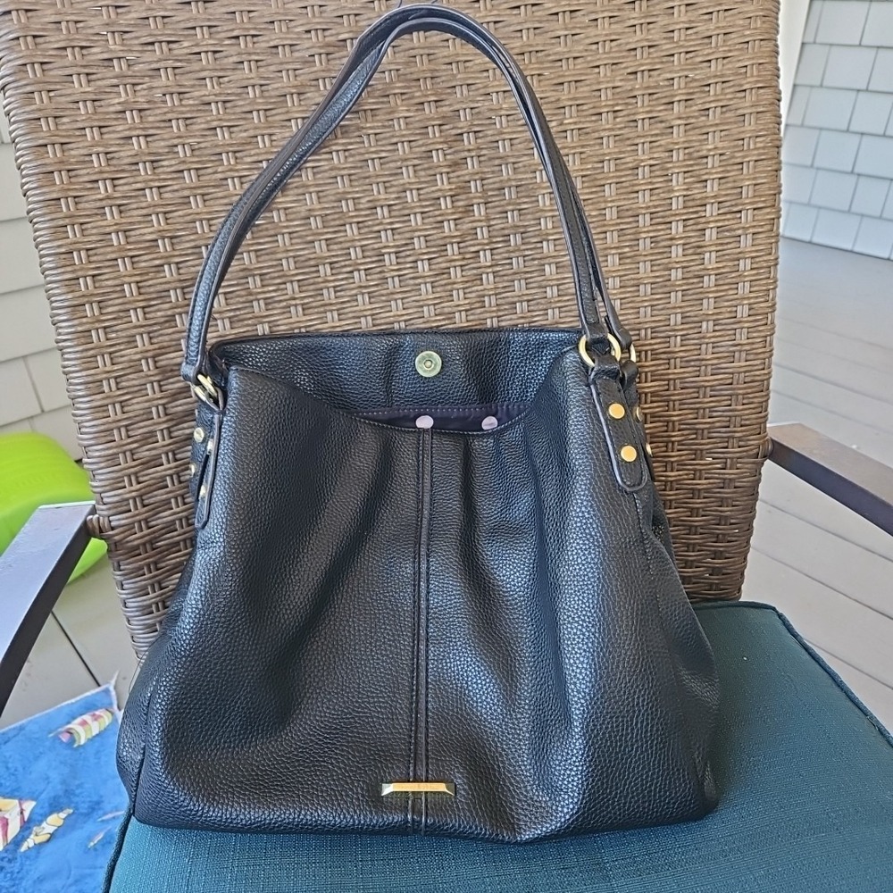 Anne Klein Black Pebbled Faux Leather Triple Compartment Shoulder Bag Gold Tone‎